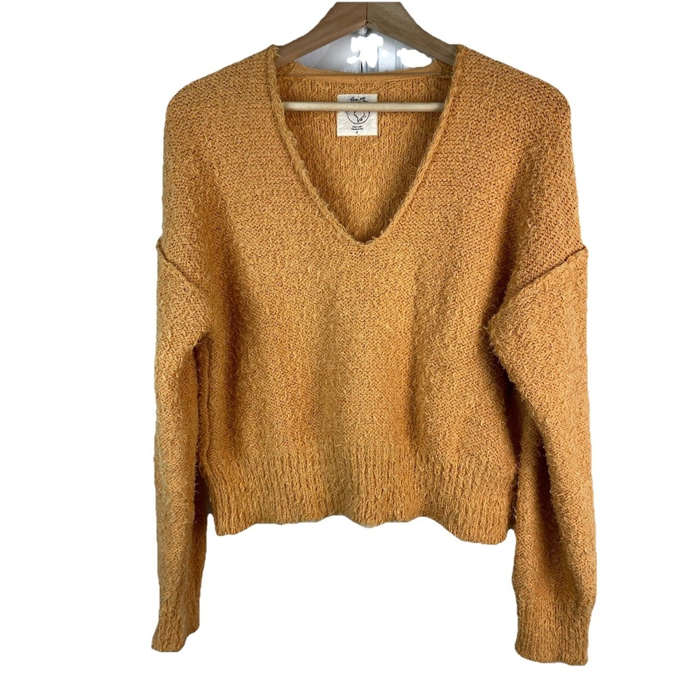 We the Free Women's S Orange Fuzzy Deep V-Neck Boho Pullover Sweater